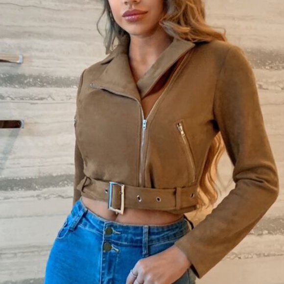 Camel Tan Vegan Suede Moto Biker Jacket Zipper - Picture 2 of 5